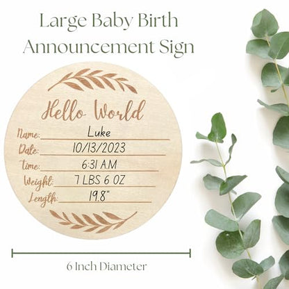 KEMINA BLANKETS Wooden Baby Announcement Sign for Newborn, Large 6 inch Hello World Newborn Name Sign for Hospital Birth Announcement, Newborn - WoodArtSupply