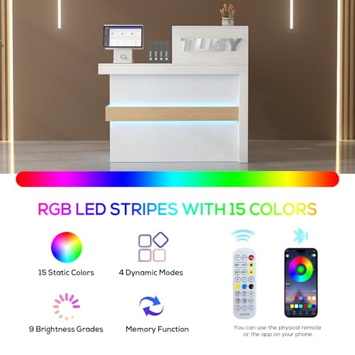 TUSY 42.2" H Modern Reception Desk with Drawer - Small Front Desk with Adjustable LED Light, Reception Room Table with Built-in USB Outlet for Office, Salon, Lobby (47.2" W x 19.69" D x 42.2" H) TUSY