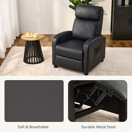 zzlay Leather Recliner Chair for Living Room, Modern Adjustable Home Theater Seating Single Sofa with Adjustable Backrest & Padded Armrests, Manual Push Back Armchair for Small Spaces,Black zzlay