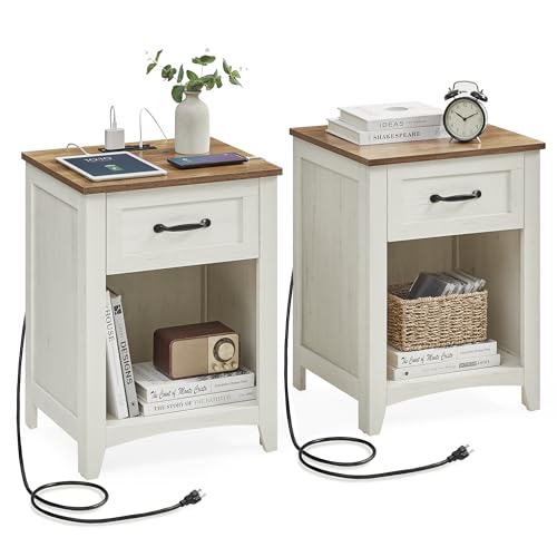 VASAGLE Farmhouse Nightstands with Charging Station, Set of 2, Bedside Tables with Drawer, Open Compartment, Side Tables with Storage, for Bedroom, Rustic White and Honey Brown ULET859K41 - WoodArtSupply