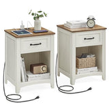 VASAGLE Farmhouse Nightstands with Charging Station, Set of 2, Bedside Tables with Drawer, Open Compartment, Side Tables with Storage, for Bedroom, Rustic White and Honey Brown ULET859K41 VASAGLE