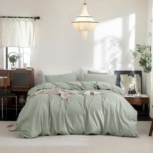 FOSSA Duvet Cover Set 100% Washed Cotton Linen Feel Super Soft Breathable Cozy 3 Pieces Bedding Sets Solid Sage Green King FOSSA