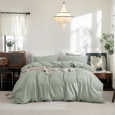 FOSSA Duvet Cover Set 100% Washed Cotton Linen Feel Super Soft Breathable Cozy 3 Pieces Bedding Sets Solid Sage Green King