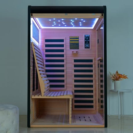 Woodbridge Infrared Home Sauna Room 2 Person Hemlock Wooden Indoor Sauna,7 Carbon 2230W/120V Heaters,with Led Color Therapy Light,Bluetooth Speaker,Tempered Glass,Touch-Tone Keypad and A Top Vent WOODBRIDGE