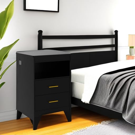 Gurexl LED Nightstand with Gun Drawer, Modern Beside Table with Charging Station, Auto Sensor 3 Color Dimmable Night Stand with Open Compartment for Bedroom Gurexl