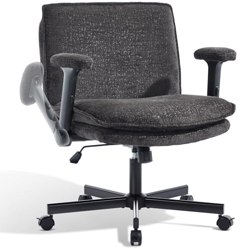 Morkprism Criss Cross Chair with Flip-Up Arms and Lockable Wheels, Plush Fabric Cross Legged Office Desk Chair,Wider 125°Tilting Adjustable Swivel Computer Chair for Home, Apartment, Bedroom,Black Morkprism