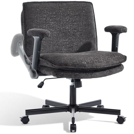 Morkprism Criss Cross Chair with Flip-Up Arms and Lockable Wheels, Plush Fabric Cross Legged Office Desk Chair,Wider 125°Tilting Adjustable Swivel Computer Chair for Home, Apartment, Bedroom,Black Morkprism