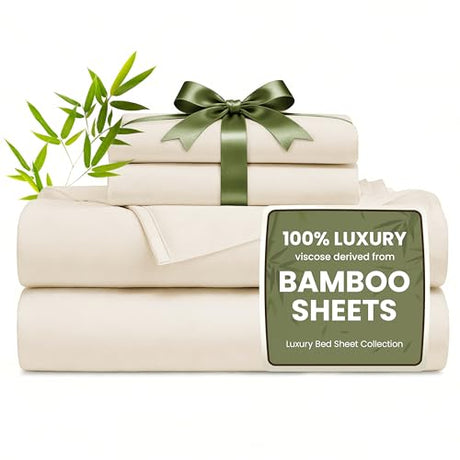 Love's cabin 4 Piece Full Size Sheet Set, Cooling Sheets, 100% Rayon Derived from Bamboo, Breathable & Soft Full Size Bed Set, Deep Pocket Up to 16", Hotel Luxury Silky Bedding Sheets, Beige Love's cabin