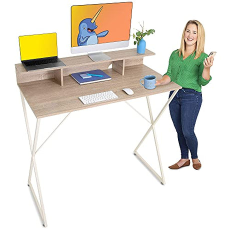 Stand Steady Joy Desk | Modern Stand Up Workstation with Storage Cubbies | Pretty Standing Desk with Large Desktop | Multifunctional Table for Home & Office (Maple / 48 x 42) Stand Steady