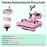 Slendor Heat Press 15x15 Inch 5 in 1 Heat Press Machine with 30OZ Tumbler 360-Degree Swing Away Digital Multifunction Heat Transfer Sublimation Combo for T Shirts Mugs Hat Plate Cap, Pink Slendor