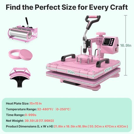 Slendor Heat Press 15x15 Inch 5 in 1 Heat Press Machine with 30OZ Tumbler 360-Degree Swing Away Digital Multifunction Heat Transfer Sublimation Combo for T Shirts Mugs Hat Plate Cap, Pink Slendor