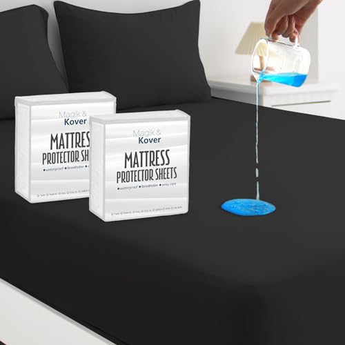 2 Pack Full Size Mattress Protector Waterproof Cover, Waterproof Bed Full Fitted Sheet Only, Machine Washable 14" Deep Pocket Mattress Covers for Double Bed, Black Magik & Kover