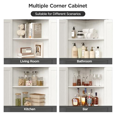Vabches Tall Corner Cabinet, Corner Bathroom Cabinet, 67" Farmhouse Storage Cabinet with 4 Doors and Adjustable Shelves, Home Space Saver for Bathroom, Kitchen, Living Room, Pantry, White Vabches