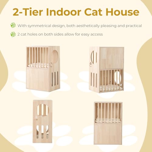 Tangkula 2-Tier Luxury Wood Cat House, Wooden Kitten Cage Condo with 2 Washable Plush Cushions, 2 Access Holes, Indoor Pet Playpen Cat Catio End Side Table Nightstand, Ventilated Cat Bed Furniture Tangkula