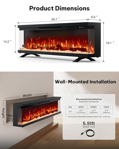 Silonn 3-Sided Smart 50" Electric Fireplace, Alexa & App Control Fireplace with 15 Flame Colors, Electric Fireplace Inserts Logs, 5110 BTU Heat Output, Realistic Flame and Sound Silonn