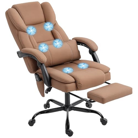 HOMCOM Massage Office Chair with 6 Vibration Points, Pet-Friendly Faux Leather, Reclining Desk Chair with Lumbar Support, Footrest, Adjustable Height, Swivel Wheels, Remote, Brown HOMCOM