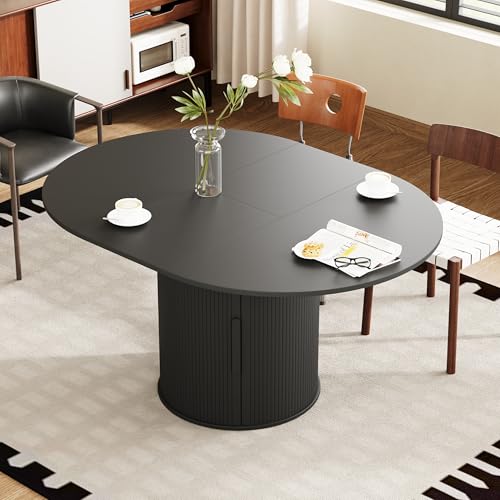 weselon 43"-59" Extendable Round to Oval Dining Table with Hidden Storage, Modern Wooden Kitchen Table with Fluted Sliding Door Cabinet, Expandable Dinner Table for Dining Room Living Room (Black) weselon
