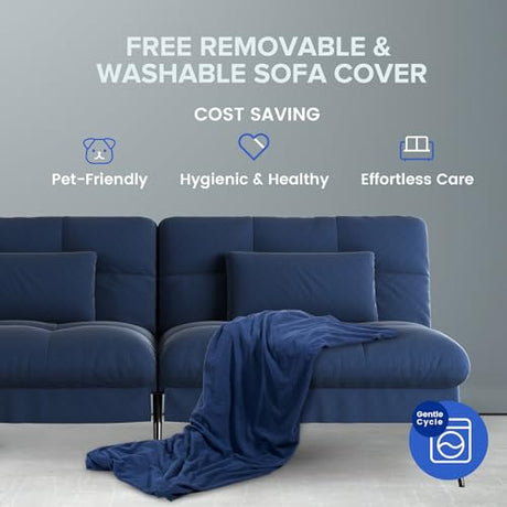 COMHOMA Convertible Futon Sofa Bed, 72″Fabric Futons Couch with Adjustable Backrest, Folding Sleeper Recliner for Living Room Furniture (Blue) COMHOMA