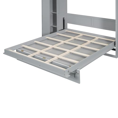 Merax Full Size Murphy Bed Wall Bed with Shelves, Drawers and LED Lights,Gray Merax