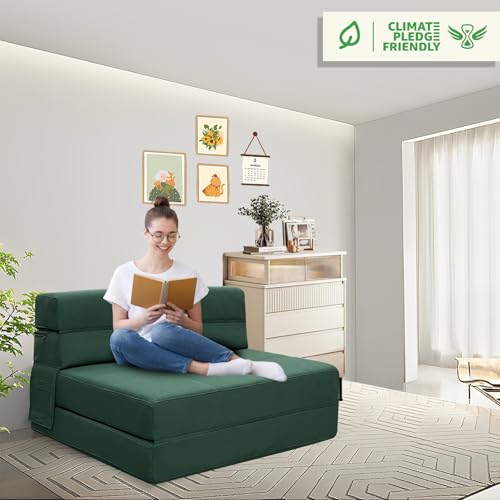 ANONER Fold Out Couch Bed Memory Foam Sleeper Chair with 2 Pillows, Queen Size Futon Couch Guest Convertible Chair Bed, Washable Cover, Dark Green ANONER