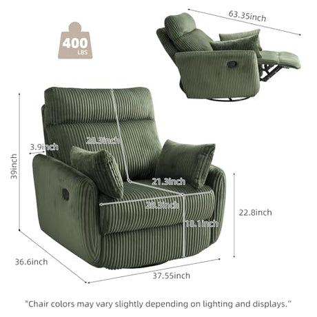 Swivel Recliner Chair for Adults, Corduroy Nursery Glider Rocking Chair, Armchair with 2 Pillows, Comfy High Back Reclining for Small Spaces, Nursery Bedroom Living Room (Corduroy Green, 1 Pack) UNUQLIVCO