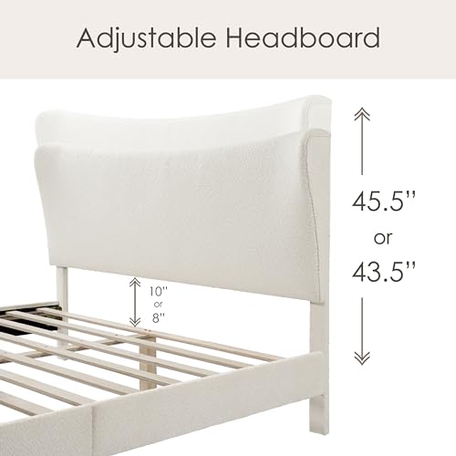 Vivienne Contemporary Boucle Fabric Queen Size Platform Bed Frame with Adjustable Curved Headboard and Solid Wood Legs - White - WoodArtSupply