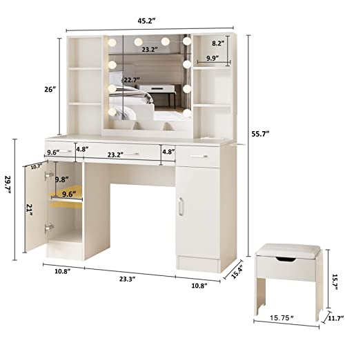 Vabches Makeup Vanity Table with Lighted Mirror & Power Strip, Large Vanity Set Vanity Desk with Storage Stool, 3 Lighting Modes, Brightness Adjustable, 45.2in(L) Vabches