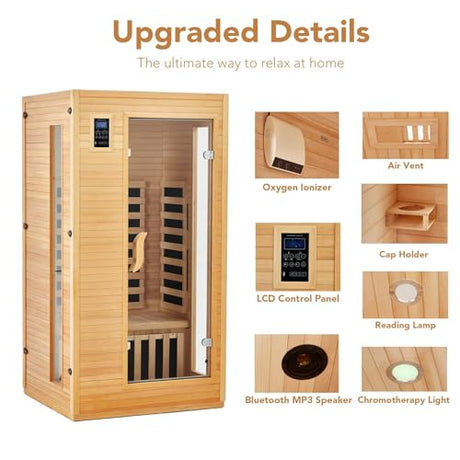 1 To 2 Person Infrared Sauna for Home, Low EMF Far Infrared Therapy with 6 Heating Plates, Canadian Hemlock Wood Dry Sauna Room with Chromotherapy Light, Bluetooth Speaker & Dual Controls, Home SPA PeacefulHues