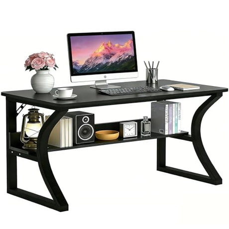 Aevum azn 55'' Computer Desk w/Storage & Cable Management, Home Office Desk w/Sturdy U-Shaped Metal Frame & Water-Resistant Scratchproof Surface, Study Writing Desk for Office & Bedroom, Black Aevum azn