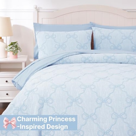 Wink Deer Queen Comforter Set with Sheets for Girls-7 Pieces Queen Bedding Sets with Light Blue Comforter, Sheets, Pillowcases & Shams for Kids (Light Blue Bow Knot, 90" X 90") Wink Deer