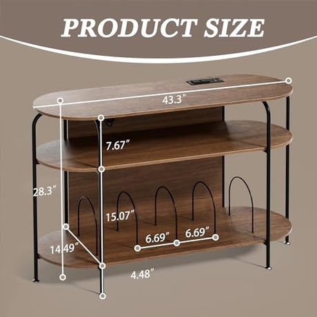 Faesun Large Record Player Stand with Vinyl Record Storage & Power Outlets, Holds 200+ Albums, 3-Tier Turntable Stand for Living Room & Bedroom, Mid Century Round Shelf Design,Walnut Faesun