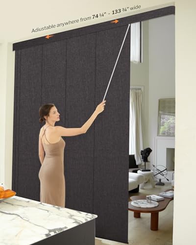 Heefen Adjustable Panel Track Blinds Blackout Vertical Blinds with Valance, Sliding Glass Door Blinds, Room Dividers, Retractable Track from 74" to 133" W, Trimmable Panel Up to 102" H (Dark Grey) Heefen