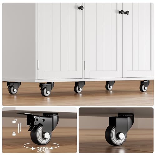 Ahomly White Kitchen Island with Drop Leaf, Spacious Storage, 5 Wheels, and Towel Bar Ahomly