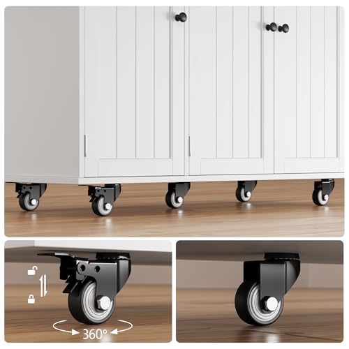 Ahomly Kitchen Island with Storage, Island Table for Kitchen with Drop Leaf, 5 Wheels, Interal Storage Rack, a Drawer, Spicy Rack and Towel Bar, Sufficient Countertop Space and Storage, White