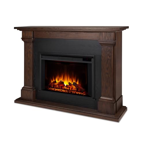 Real Flame Callaway 63" Grand Electric Fireplace with Mantel in Chestnut Oak, Free-Standing Oversized Indoor Electric Fireplace with Mantel, Adjustable Thermostat, Automatic Safety Shut-Off. Real Flame