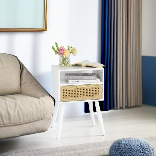 MaxSmeo White Nightstand with Drawer, Mid Century Modern Nightstand, Rattan Side Table, End Table with Storage for Living Room, Bedroom and Small Spaces, Easy Assembly (White) MaxSmeo