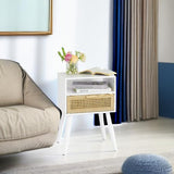 MaxSmeo White Nightstand with Drawer, Mid Century Modern Nightstand, Rattan Side Table, End Table with Storage for Living Room, Bedroom and Small Spaces, Easy Assembly (White) MaxSmeo
