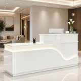 Reception Desk with LED Lights, 71" White Glossy Front Desk Counter with Lockable Drawer & Cabinet, Modern Left-Side Higher Counter with Keyboard Tray, Reception Counter for Office, Salon and Lobby