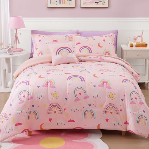 Kaleido Space Glow in The Dark Kids Comforter Set Full Size for Girls, Pink Rainbow Bedding Set 1 Comforter, 1 Decor Pillow, 2 Pillow Shams Kaleido Space