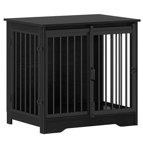 Hzuaneri 27.2" Dog Crate Furniture with Barn Door, Heavy Duty Dog Kennel Indoor with 2 Doors, Wooden Pet Cage End Table for Small Medium Dogs up to 22 lb, Anti-Chew Anti-Escape, Black DFC84304B Hzuaneri