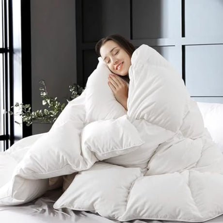 WhatsBedding Feather Down Fiber White Comforter,All Season Luxury Bed Comforter,Ultra Soft 100% Cotton Duvet Insert, Twin Size 68"x90" WhatsBedding