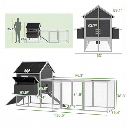 PawHut 137" Wooden Chicken Coop for 8-10 Chickens, Large Chicken House, Poultry Hen Cage with Nesting Box and Run for Backyard, Gray - WoodArtSupply