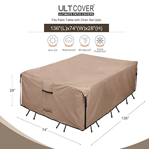 ULTCOVER Rectangular Patio Heavy Duty Table Cover - 600D Tough Canvas Waterproof Outdoor Dining Table and Chairs General Purpose Furniture Cover Size 136L x 74W x 28H inch ULTCOVER