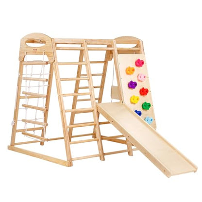 VEVOR Large Size Indoor Jungle Gym, 7-in-1 Toddler Indoor Playground, Wooden Toddler Climbing Toys with Wood & Rope Ladder, Net Ladder, Swing, Monkey Bar, Slide, Climbing Wall, 47.2 x 58 x 56in