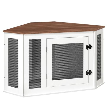 MAHANCRIS Corner Dog Crate Furniture, Wooden Dog Kennel End Table, Decorative Pet Crate Indoor Use, Furniture Style Dog House for Small Medium Dog, Dog Cage TV Stand, White and Walnut DCBA0801 MAHANCRIS