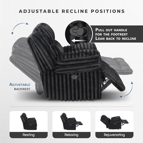 Lexicon Manual Glider Recliner Chair, Corduroy Manual Tab Pull Reclining Chair with Pillow Top Arms, Plush Cushions, Cozy Theater-Style Accent for Living Room/Bedroom, Easy Assembly, Black