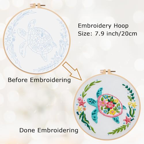 Louise Maelys Sea Turtles Embroidery Kits for Beginners, DIY Cross Stitch Starter Craft Kit for Adults Including Cloth with Pattern, Hoop, Needles Instruction and Threads