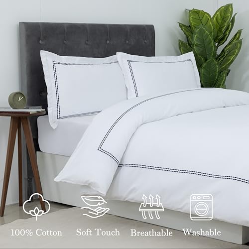 Dreamology White Duvet Cover Luxury Hotel Quality Bedding Set 100% Cotton Embroidered Duvet Covers with 2 Pillow Shams Hypoallergenic Zipper Closure 3 Pieces Duvet Set (Blue T-200, Full) Dreamology