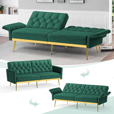ACMEASE Velvet Futon Sofa Bed w/Adjustable Armrests & Backrests, Button Tufted Sleeper Couch, Modern Convertible Loveseat Sofa for Bedroom, Living Room, Apartment, Green ACMEASE