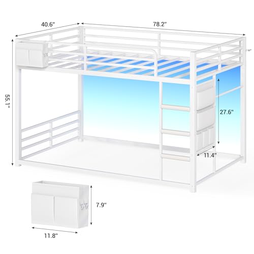 UPOSOJA Bunk Bed Twin Over Twin Bed Frame with LED Lights, Metal Bunk Bed with 13" Guardrail & 3-Step Ladder, Space Saving for Kids and Teen, White UPOSOJA
